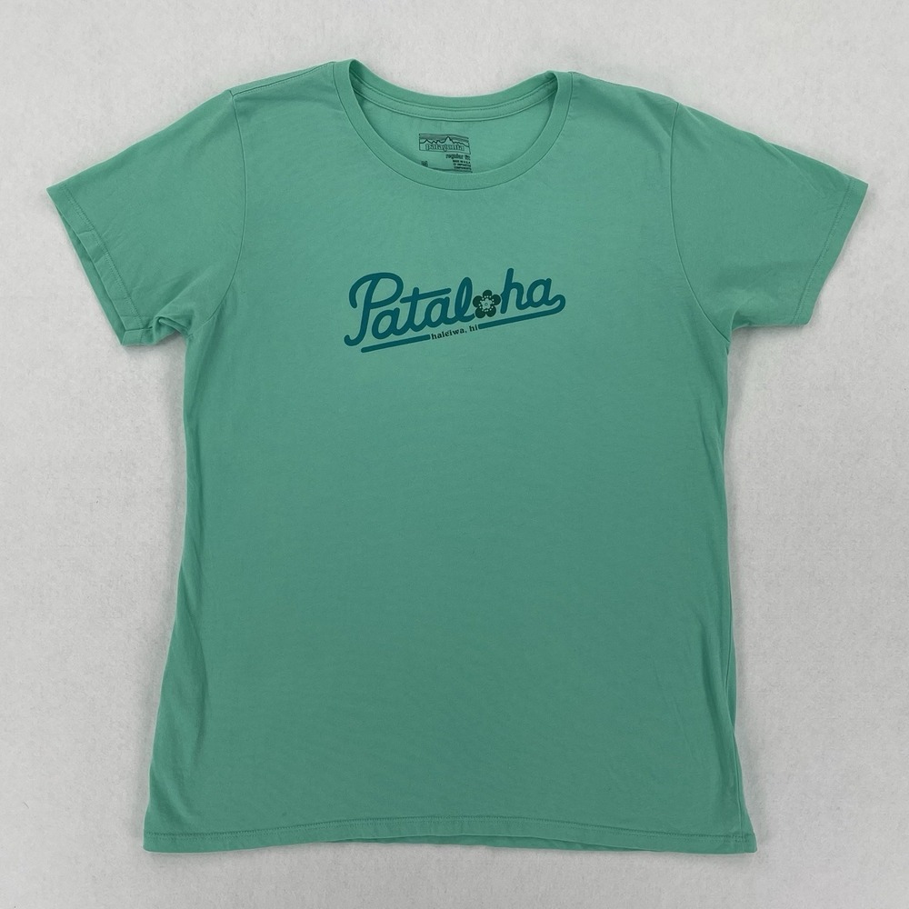 Patagonia Pataloha T-Shirt Women Size M Green Hawaii Spellout Casual Basic